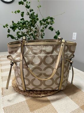 Coach Gallery Optic Signature Tote with Metallic Gold